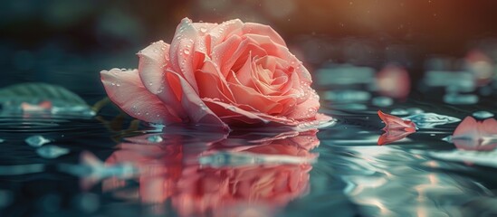 Canvas Print - Close up of a pink rose reflected on textured water with copy space symbolizing Mother Nature the earth and liquid as a source of life A vibrant garden flower is flourishing and blooming with hydrati