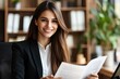 © Dzikrul Husnani - Smiling female financial advisor, attorney lawyer or bank manager consulting client investor reading document at business meeting reviewing legal paper file planning taxes working in office, ai