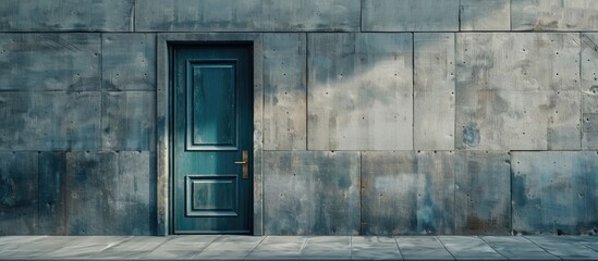 Close up of a home s entrance featuring a blue green front door and a concrete exterior wall. Copy space image. Place for adding text and design