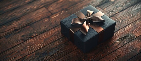 Poster - Sophisticated gift box with a ribbon on a wooden surface. Copy space image. Place for adding text and design