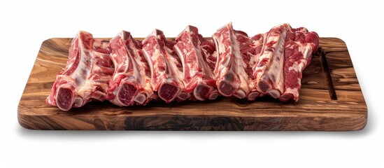 Sticker - Raw meat ribs on a wooden board against a white background. Copy space image. Place for adding text and design