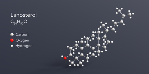 Sticker - lanosterol molecule 3d rendering, flat molecular structure with chemical formula and atoms color coding