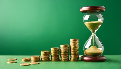 Hourglass with coins on green background, investment time concept, Generative AI