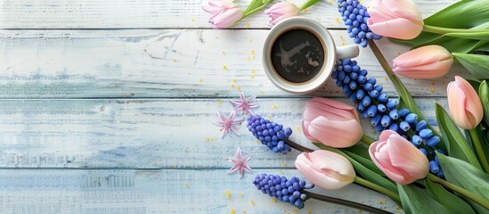 Wall Mural - Pink tulips and blue hyacinth flowers alongside a cup of coffee for Valentine s Day on a white wooden table with copyspace