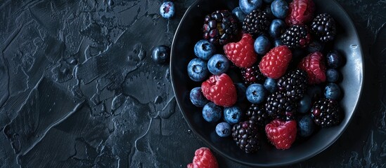 Canvas Print - Summer berries including blueberries and blackberries arranged in a vintage dish with a creative flatlay top view Dark moody composition in a vertical orientation. Copy space image