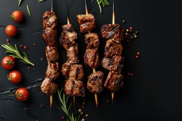 Wall Mural - Grilled shish kebab on black surface overhead shot