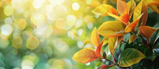 Conceptual nature view of yellow and red leaves against a blurred green background in a garden with sunlight featuring copy space for use as a natural backdrop in green plant landscapes ecology and fr