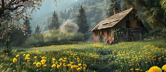 Canvas Print - Charming old farm with blooming dandelions in the garden. Copy space image. Place for adding text and design