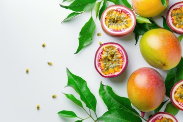 Isolated maracuya fruit with leaves on white background for text