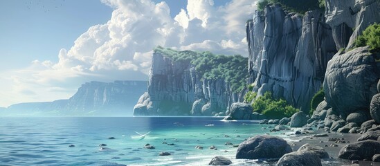 Wall Mural - Landscape featuring a massive cliff and rocks at the base with a blue sea in the background. Copy space image. Place for adding text and design