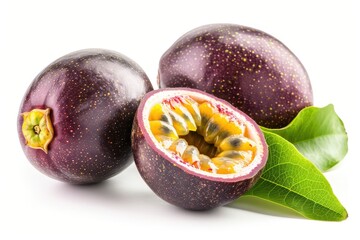 isolated passion fruits with leaves on white background