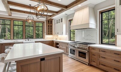 Traditional kitchen in beautiful new luxury home with hardwood floors, wood beams, and large island quartz counters. Includes farmhouse sink, elegant pendant lights, and large, Generative AI