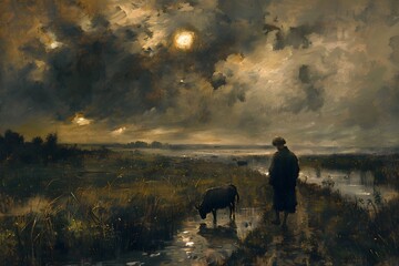 Canvas Print - Silhouette of a Person and Cow in a Field at Dusk.