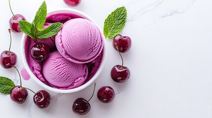 Wall Mural -   A cherry-topped bowl of ice cream sits atop a white marble surface, surrounded by fresh red cherries