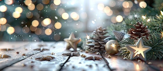 Poster - Close up of Christmas tree decorations on a wooden table. Copy space image. Place for adding text and design