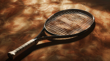 tennis racket on clay color in background