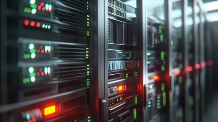 Poster - Close-up of server equipment in data center with flickering light indicators. Server rack, computer hardware, digital storage, network connection, cybersecurity, database management.