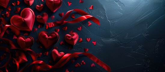 Sticker - Background with a red ribbon and vibrant hearts for Valentine s Day decoration. Copy space image. Place for adding text and design