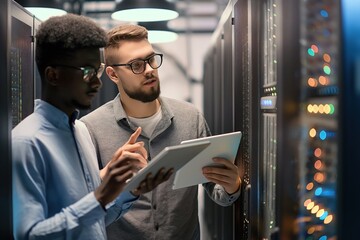 Aufkleber - Group of young professionals in glasses stand around server cabinet in data center. They use tablet to manage network together. Multi-ethnic team works in serious concentrated atmosphere.