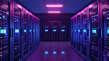 Fototapete - Data center server room with multiple high-density racks housing computer servers for business applications. Network infrastructure includes ethernet cables and power distribution units.