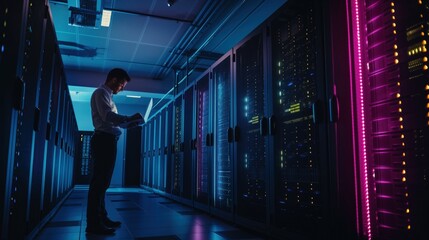 Leinwandbilder - Male IT specialist works on laptop near row of operational server racks in dark data center. Neon lights illuminate equipment for artificial intelligence, cybersecurity, supercomputer concepts.