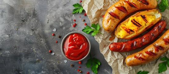 Wall Mural - Tasty baked potato accompanied by thin dry smoked sausages on a gray table top view Copyspace available