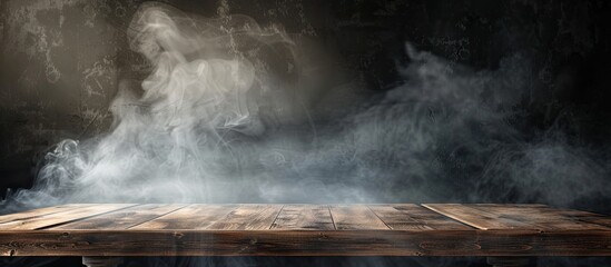 Canvas Print - On a black background a vacant wooden table has smoke rising above it There is an empty area for showcasing your products accompanied by smoke drifting up against a dark backdrop Space is available f