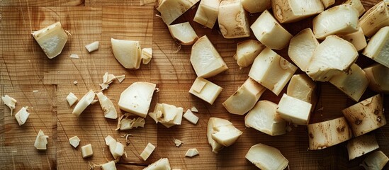 Canvas Print - Chopped lotsu root on a wooden cutting board. Copy space image. Place for adding text and design