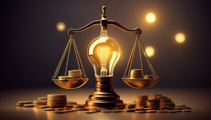 Scales with light bulb and coins, concept of ideas that generate money. Digital illustration, AI