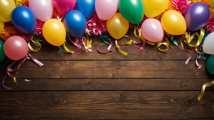 Colorful balloons and ribbons decor with wooden background, festive celebration theme on wooden floor