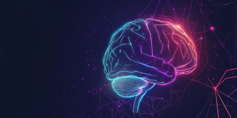 Poster - Human brain illustration with neon lines, dots, neural networks, intersection of tech, human intelligence. Brain connectivity, complex science, cognition, artificial intelligence, innovation,