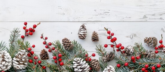 Sticker - Spruce branches cones and red berries set against a white wooden backdrop A background for Christmas and New Year. Copy space image. Place for adding text and design