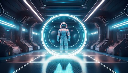 Spaceship hangar with holographic circle above empty spacesuit.