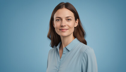 Portrait adulte femme employée souriante fond bleu entretien embauche.