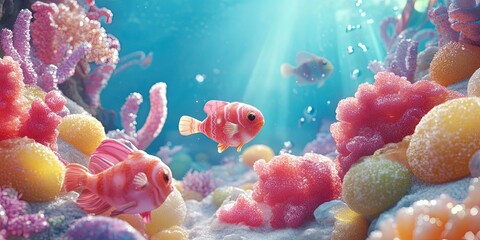 Wall Mural - Candy coral reef with pink fish.