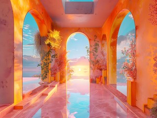 Wall Mural - Surreal Sunset Through Arched Passageway.