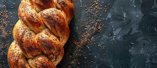 Wall Mural - Homemade Bread Top View of Braided Bread Topped with Poppy Seeds. Copy space image. Place for adding text and design