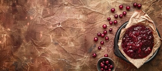 Wall Mural - textured vintage paper backdrop with lingonberry jam. Copy space image. Place for adding text and design