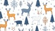 © fotofabrika - Winter forest scene with deer and pine trees in a playful pattern showcasing snowflakes against a white background