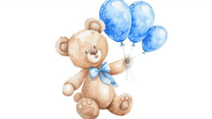 Canvas Print - a teddy bear holding blue balloons