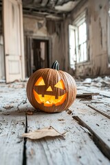 Wall Mural - A carved pumpkin glows in an abandoned, dusty room, evoking a spooky Halloween atmosphere.