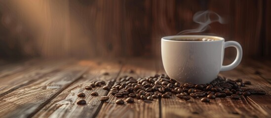 Wall Mural - Cup of coffee and coffee beans on a wooden table background selective focus copyspace