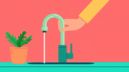 Wall Mural - Energy Conservation, flat design illustration depicting a person turning off a faucet, emphasizing the importance of saving household water and energy resources.