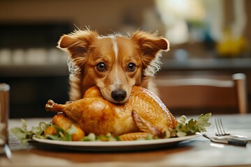 A small, brown and white dog with big brown eyes is sitting at a table with its paws on a plate. It is looking directly at the camera and has its mouth on a roasted chicken leg.