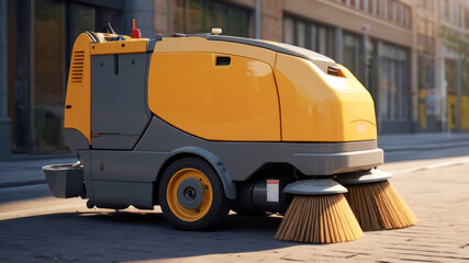 Fully automated street cleaning machine with two round brushes on a city street early in the morning