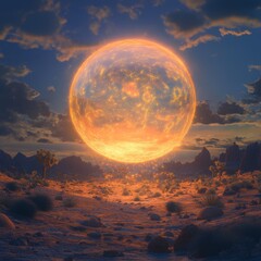 Glowing orb in a mystical desert at twilight, symbolizing ancient magic, desert glowtime, mysterious and evocative.