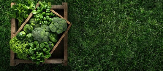 Poster - Fresh green vegetables in a wooden box on the grass Copy space