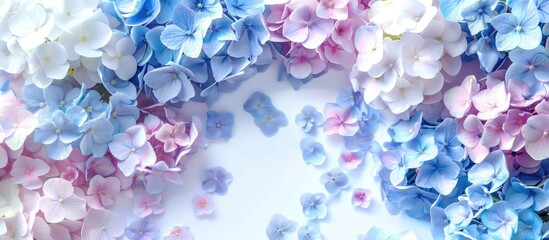 Sticker - Bouquet of blue white and pink phlox flowers Hydrangea hortensia featuring copyspace for wedding or greeting cards