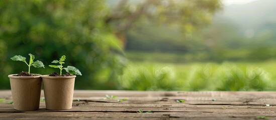 Canvas Print - Small paper pots containing plant seedlings sit on a wooden table with a background of a green countryside field Copyspace for products and tools