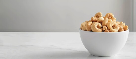 Poster - Delicious cashew nuts in a bowl on a white table. Copy space image. Place for adding text and design